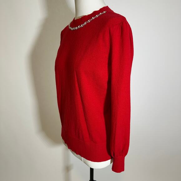 Liz Claiborne Red Cabaret Balloon Sleeve Embellished Neck Sweater Womens Medium - Picture 4 of 11